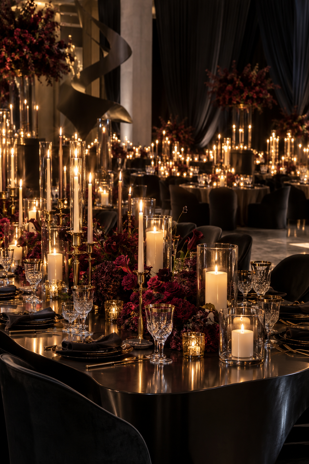 Black-tie gala tablescape with antique brass and candlelight