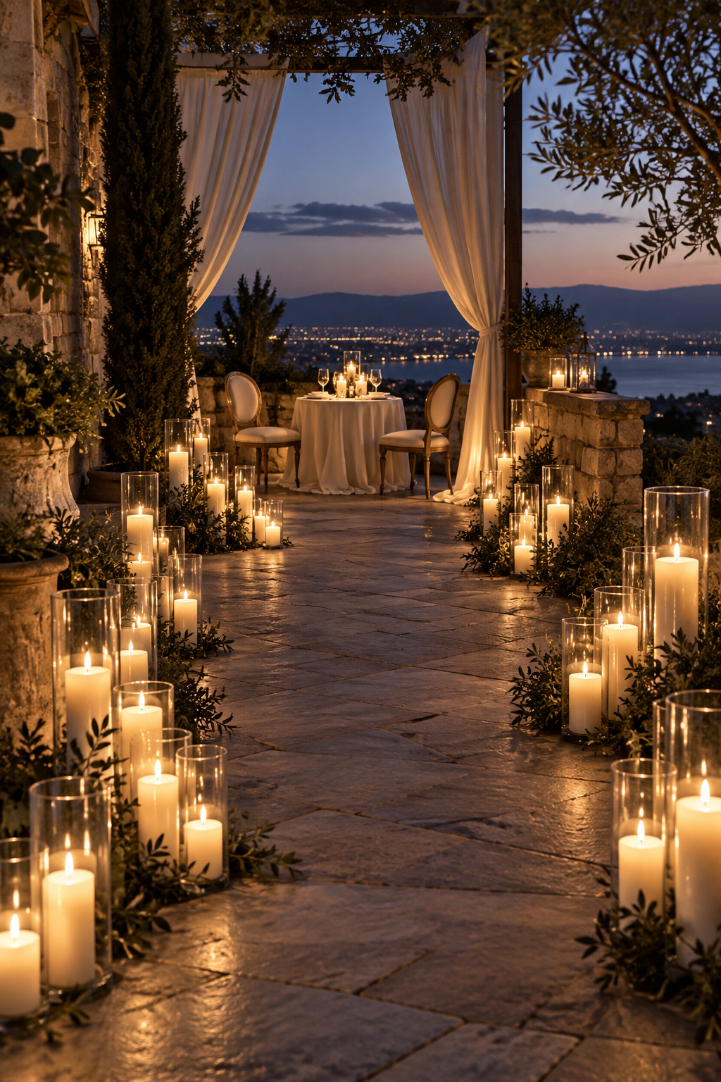 Romantic proposal pathway lined with glowing pillar candles