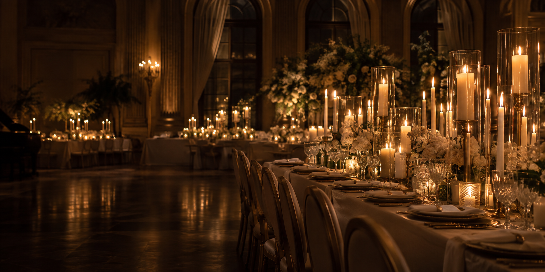 Elegant ballroom reception glowing with layered taper and pillar candles